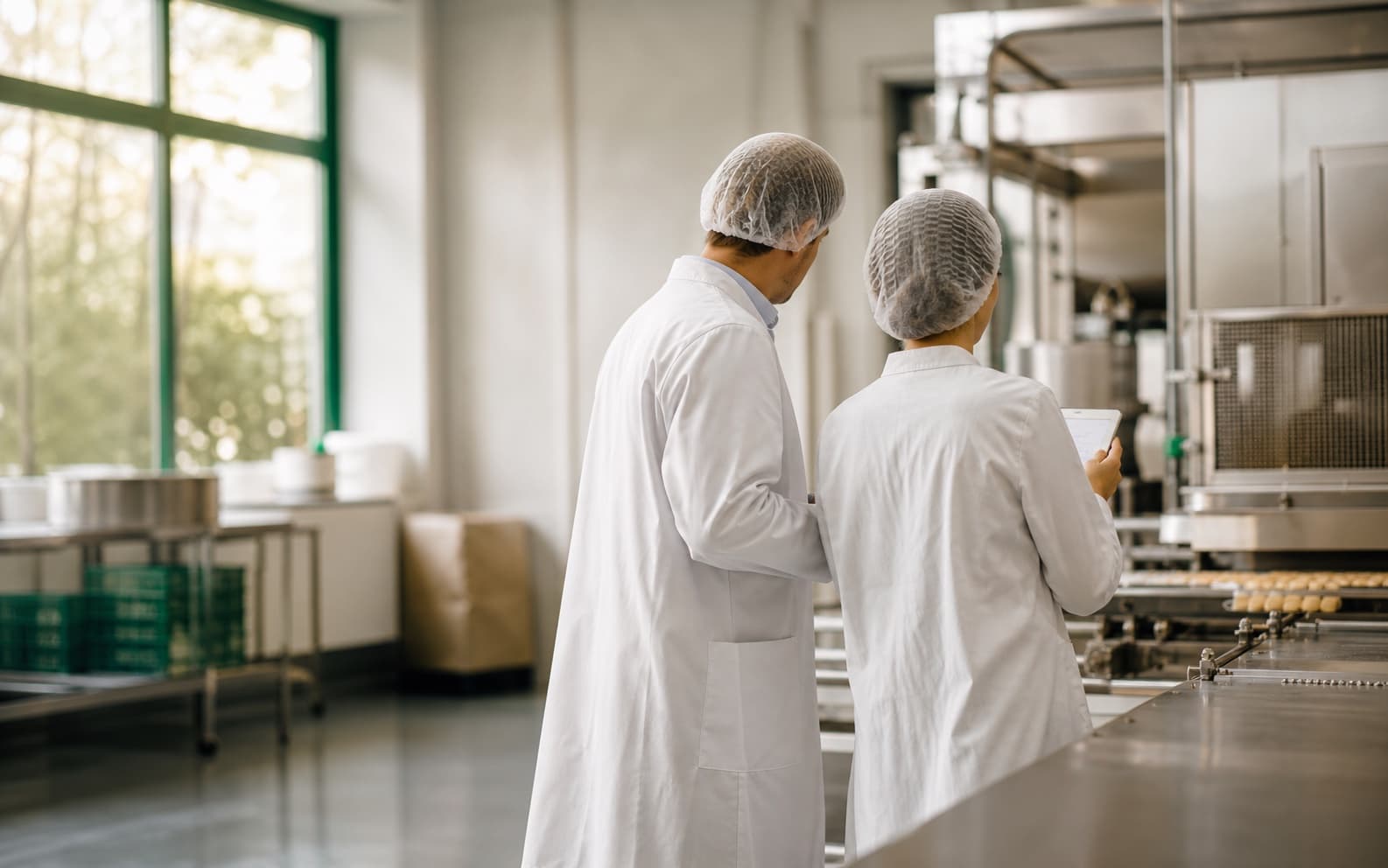 Deux professionnels contrôlent une ligne de production alimentaire